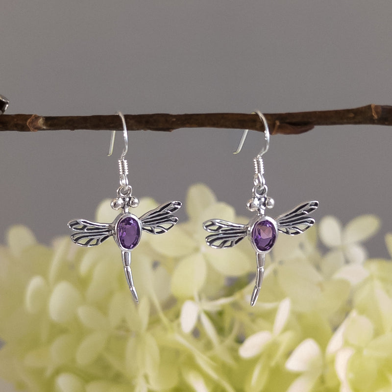 Load image into Gallery viewer, Dragonfly with Amethyst Earrings in Sterling Silver
