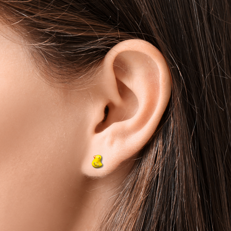Load image into Gallery viewer, Close-up of an ear wearing a yellow earring with dark hair and skin background
