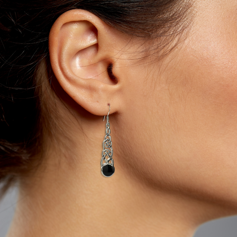 Load image into Gallery viewer, Long Celtic Knot with Black Onyx Earrings in Sterling Silver
