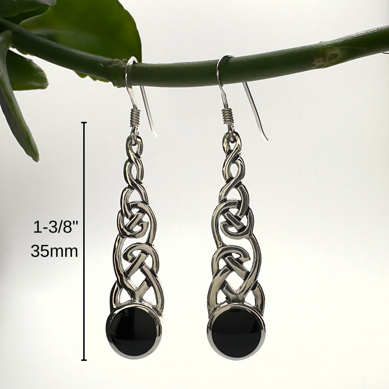 Load image into Gallery viewer, Long Celtic Knot with Black Onyx Earrings in Sterling Silver
