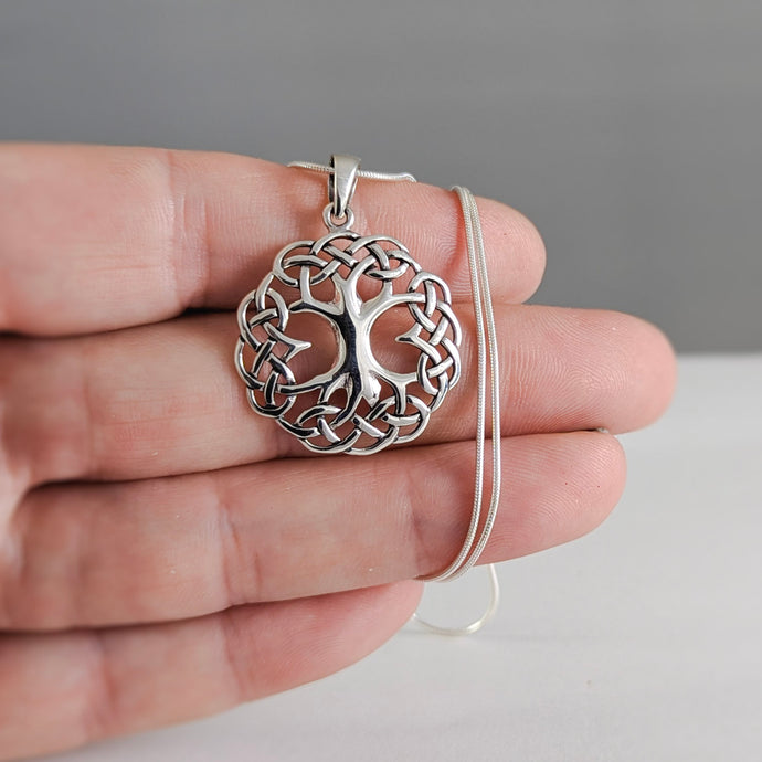 Celtic Knot Encompassed Tree of Life Necklace in Sterling Silver