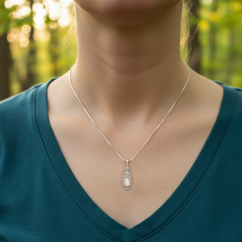 Load image into Gallery viewer, Person wearing a silver necklace with a pendant against a blurred natural background
