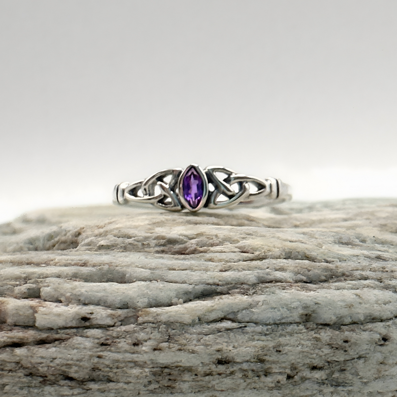 Load image into Gallery viewer, Whispers of the Trinity – Dainty Amethyst Celtic Knot Ring
