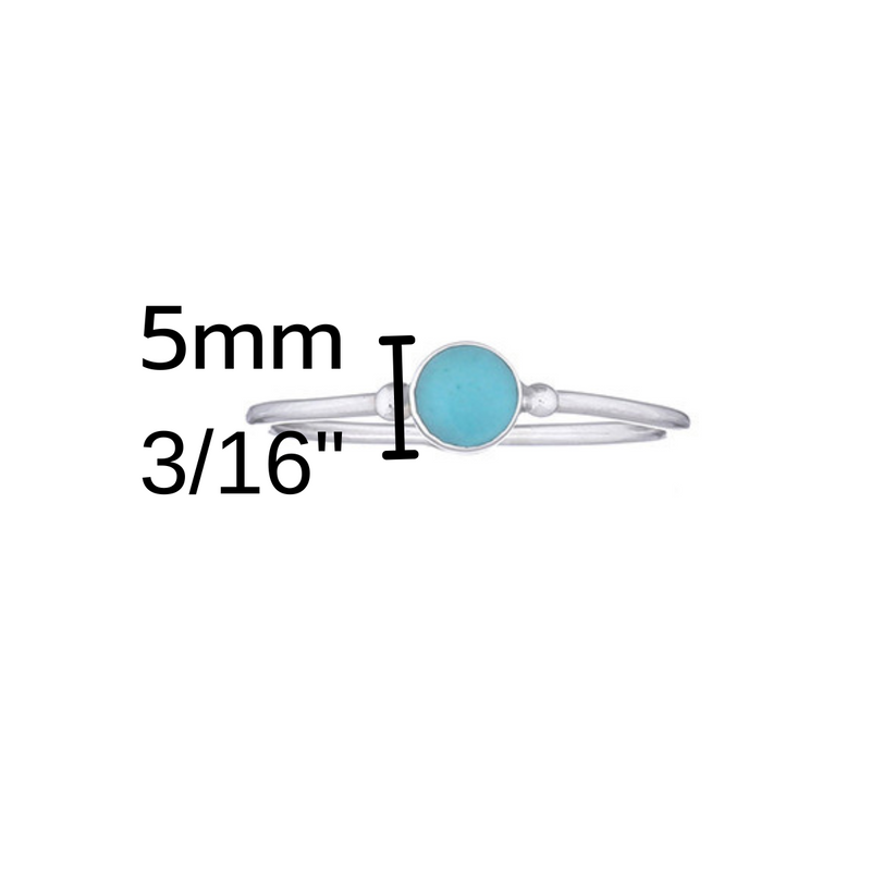 Load image into Gallery viewer, Silver ring with a turquoise stone and measurement details on a white background
