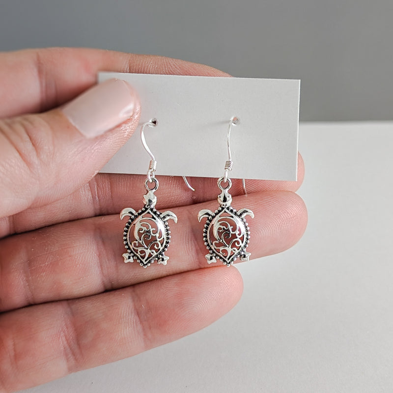 Load image into Gallery viewer, Filigree Back Turtle Earrings in Sterling Silver
