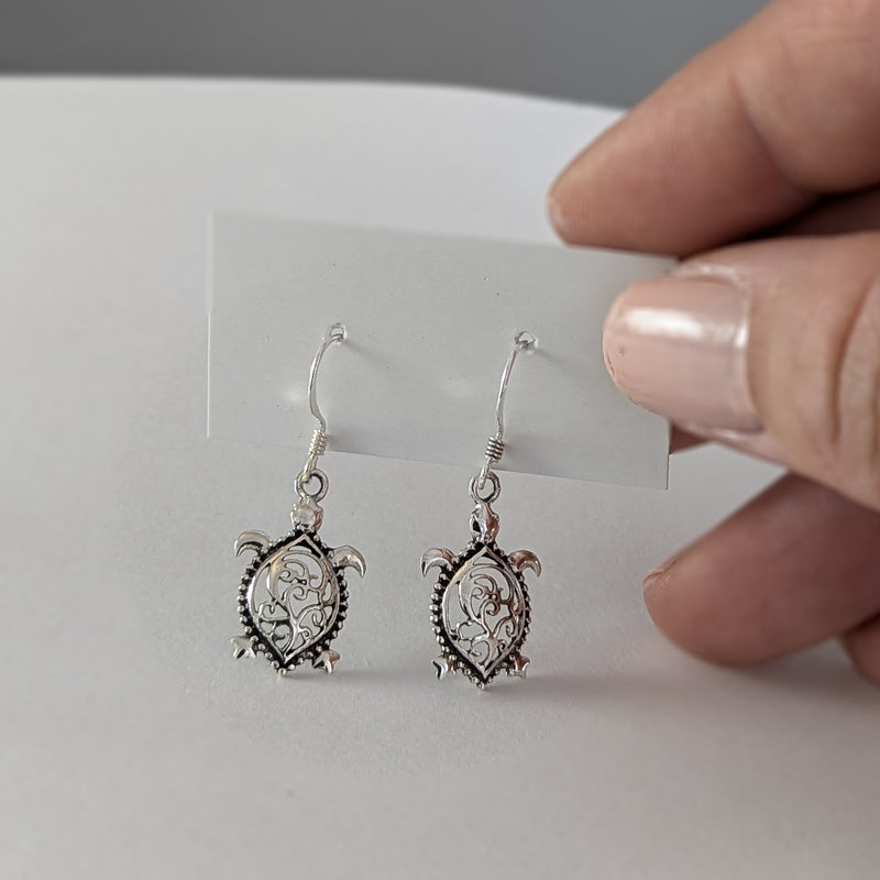 Load image into Gallery viewer, Filigree Back Turtle Earrings in Sterling Silver
