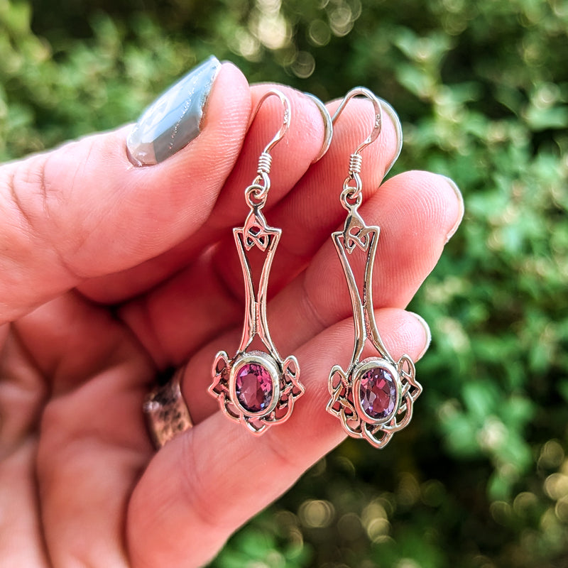 Load image into Gallery viewer, Amethyst Never Ending Knot Drop Earrings in Sterling Silver
