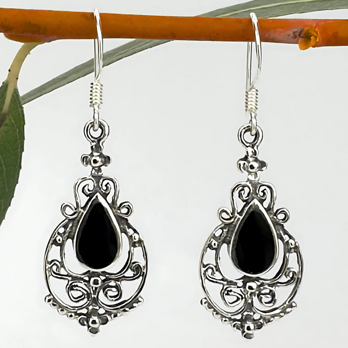 Vintage-Look Filigree Onyx Earrings, Sterling Silver