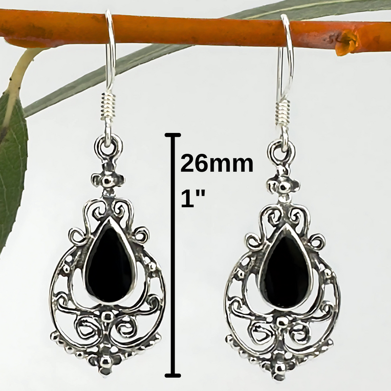 Load image into Gallery viewer, Silver earrings with black stones on a white background with measurement details.
