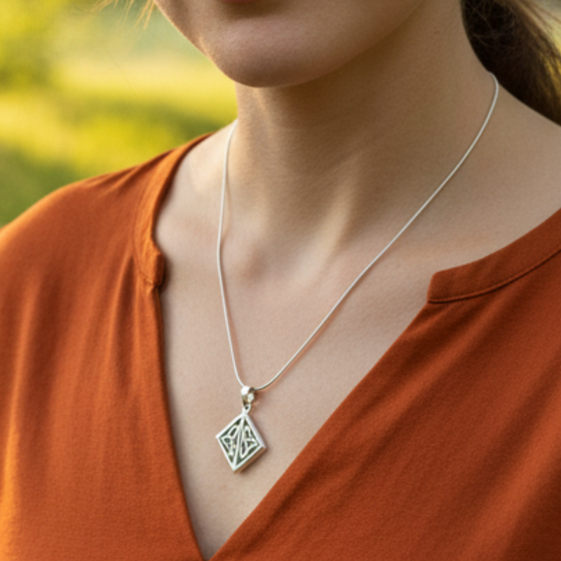 Load image into Gallery viewer, Close-up of a person wearing a silver necklace with a pendant against a blurred natural background.
