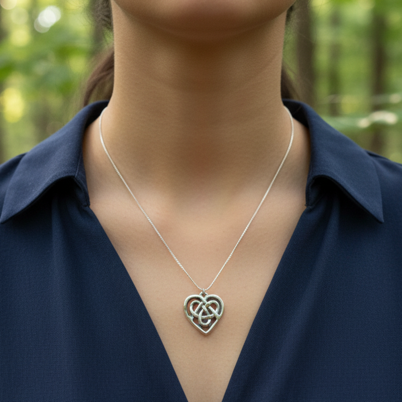 Load image into Gallery viewer, Person wearing a silver necklace with a heart-shaped pendant against a blurred forest background
