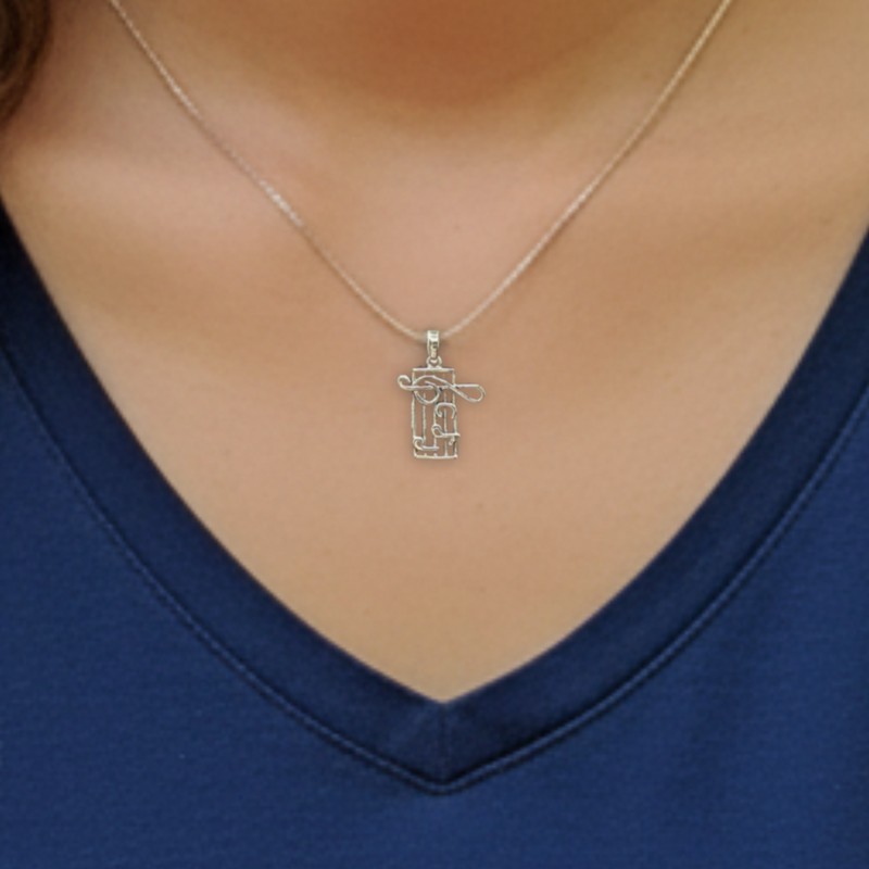 Load image into Gallery viewer, Silver necklace with a pendant worn by a person against a blue shirt background
