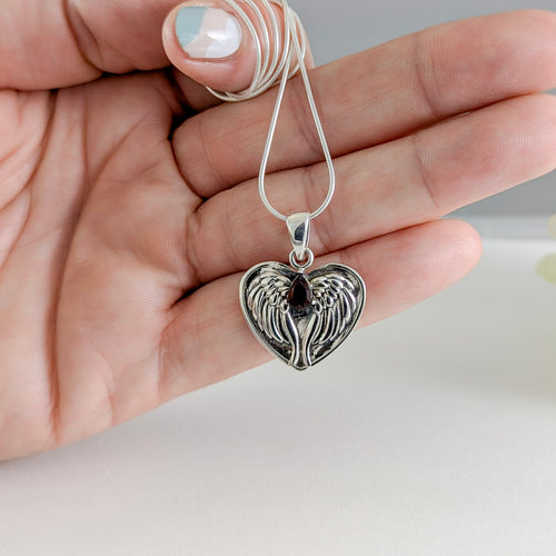 Angel Wings with Garnet Stone Necklace in Sterling Silver