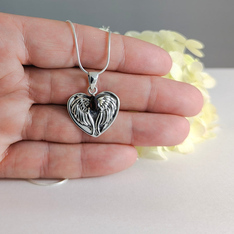 Load image into Gallery viewer, Angel Wings with Garnet Stone Necklace in Sterling Silver
