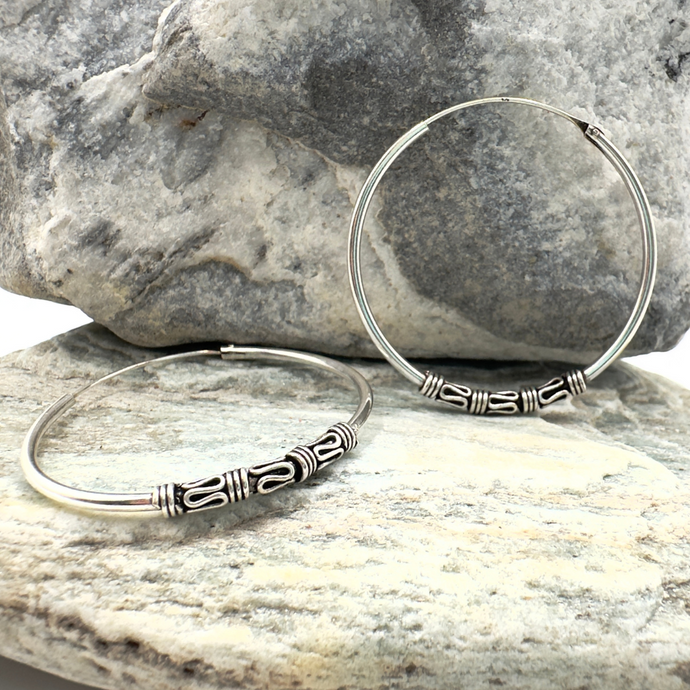 Medium Bali Bead Hoop in Sterling Silver