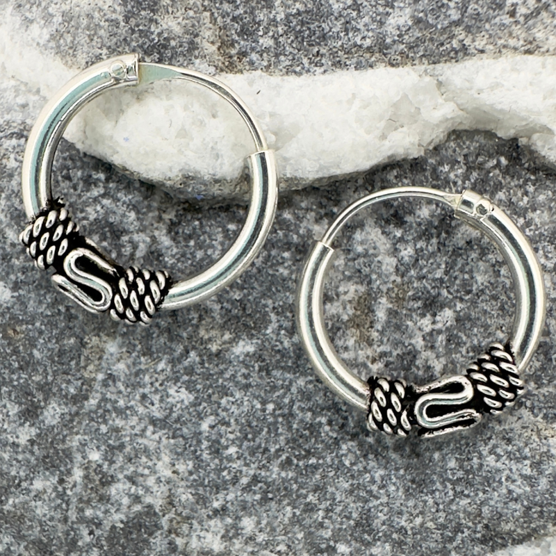 Load image into Gallery viewer, Tiny Bali Bead Hoop Earrings in Sterling Silver
