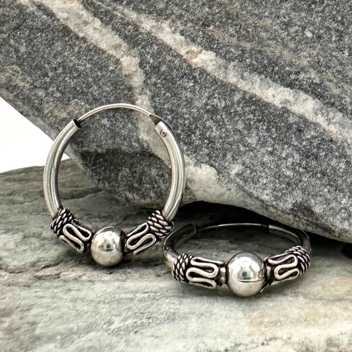 Small Bali Bead Hoops in Sterling Silver