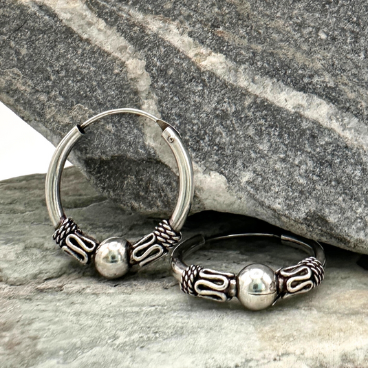 Small Bali Bead Hoops in Sterling Silver