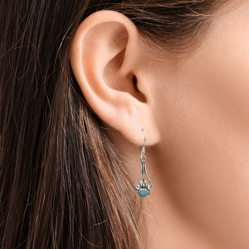 Load image into Gallery viewer, Turquoise Scroll Drop Earrings – Sterling Silver Vintage Style
