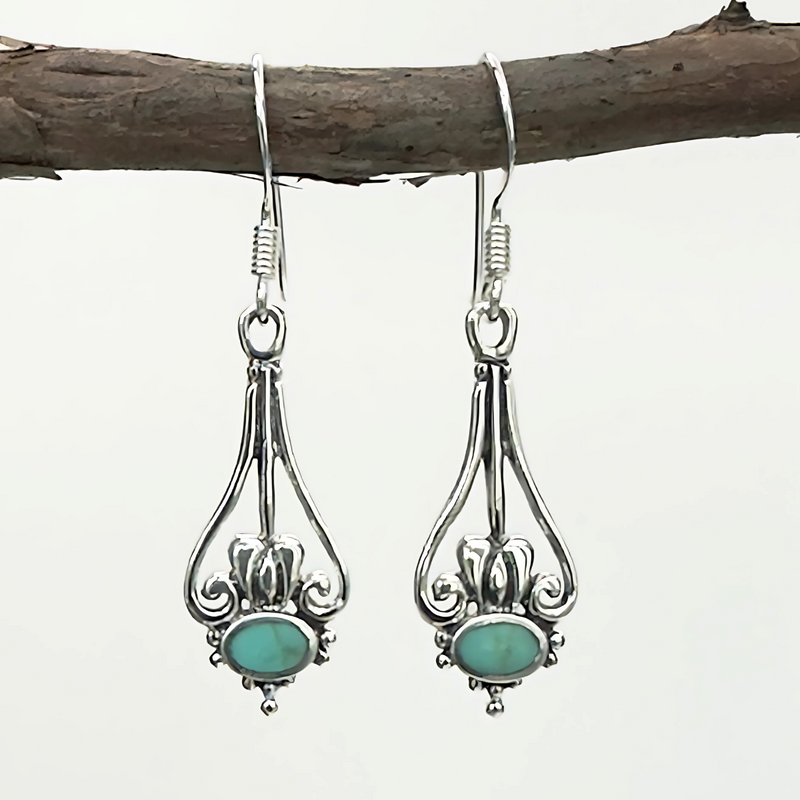 Load image into Gallery viewer, Turquoise Scroll Drop Earrings – Sterling Silver Vintage Style
