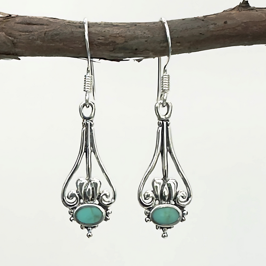 Turquoise Scroll Drop Earrings – Sterling Silver Vintage Style