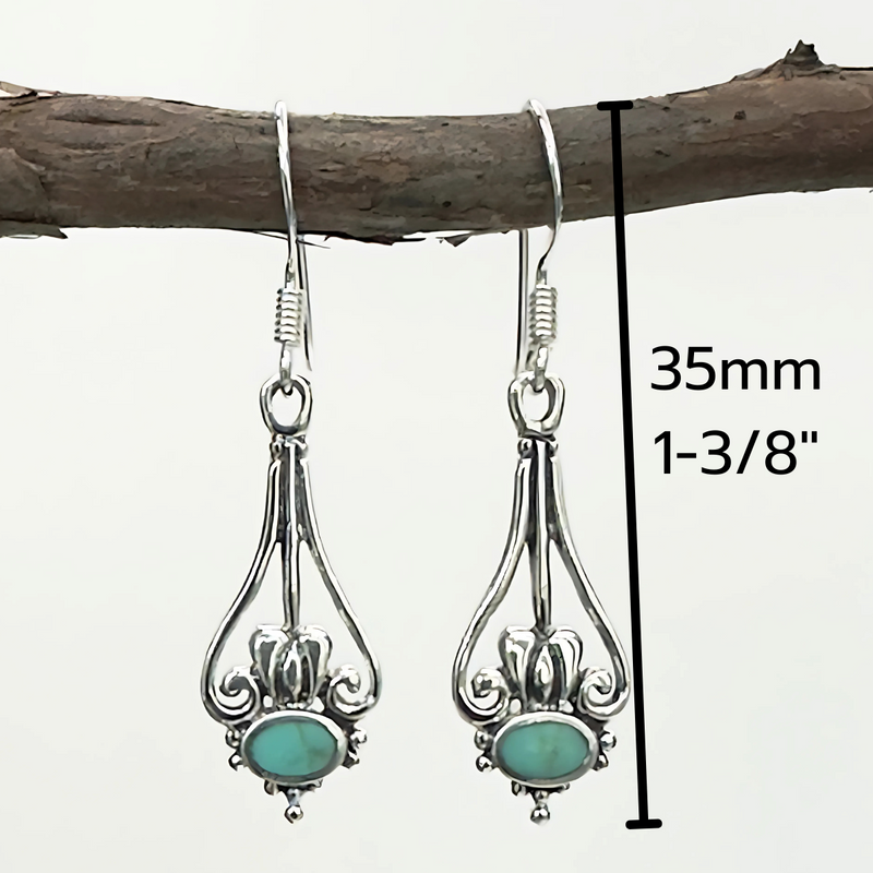 Load image into Gallery viewer, Turquoise Scroll Drop Earrings – Sterling Silver Vintage Style
