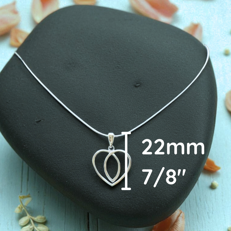 Load image into Gallery viewer, Silver necklace with heart pendant on a black stone, surrounded by dried flowers and leaves.
