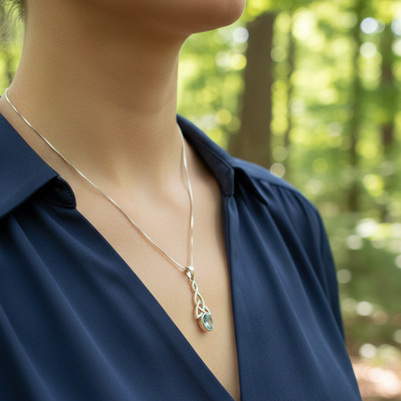 Load image into Gallery viewer, Light Within: Celtic Knot &amp; Blue Topaz Necklace in Sterling Silver
