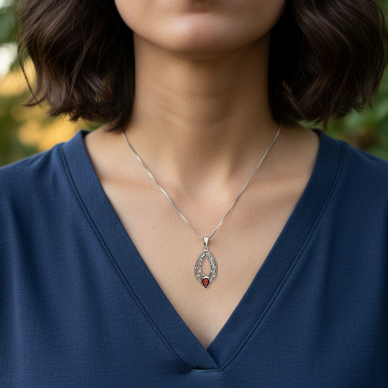 Load image into Gallery viewer, Person wearing a blue top with a necklace featuring a pendant.
