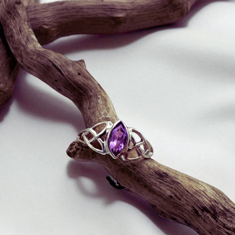Load image into Gallery viewer, Silver ring with a purple gemstone on a wooden branch
