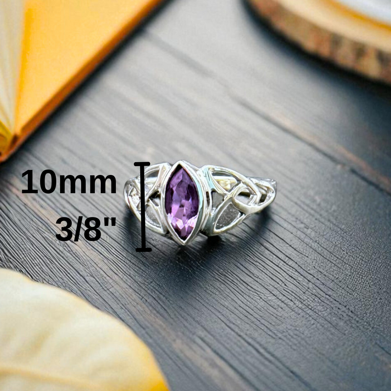 Load image into Gallery viewer, Silver ring with a purple gemstone on a dark surface, measurement label included.
