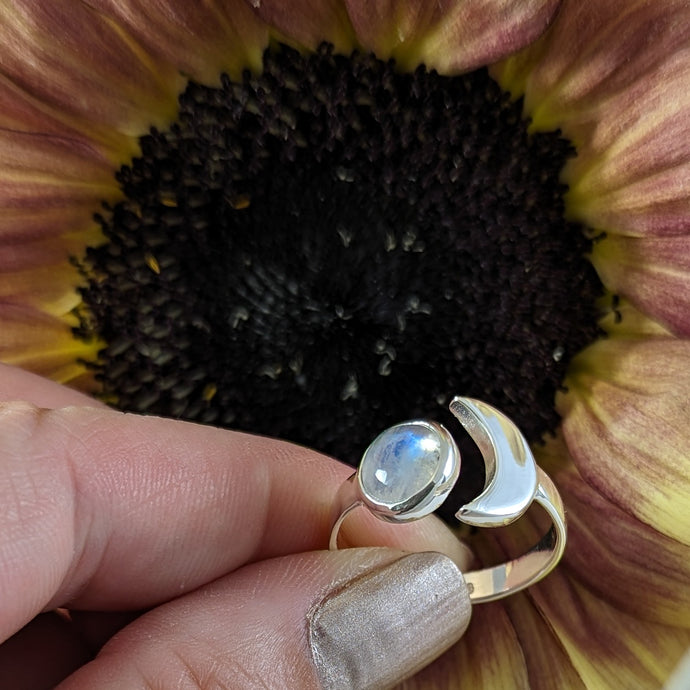 Moonstone & Crescent Moon Ring in Sterling Silver