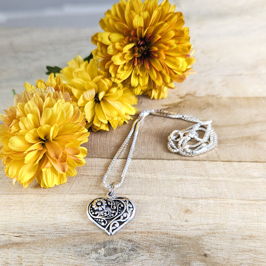 Floral Design Heart Pendant in Sterling Silver