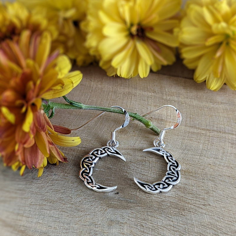 Load image into Gallery viewer, Celtic Knot Crescent Moon Earrings in Sterling Silver
