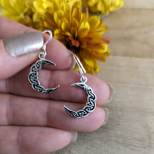 Celtic Knot Crescent Moon Earrings in Sterling Silver