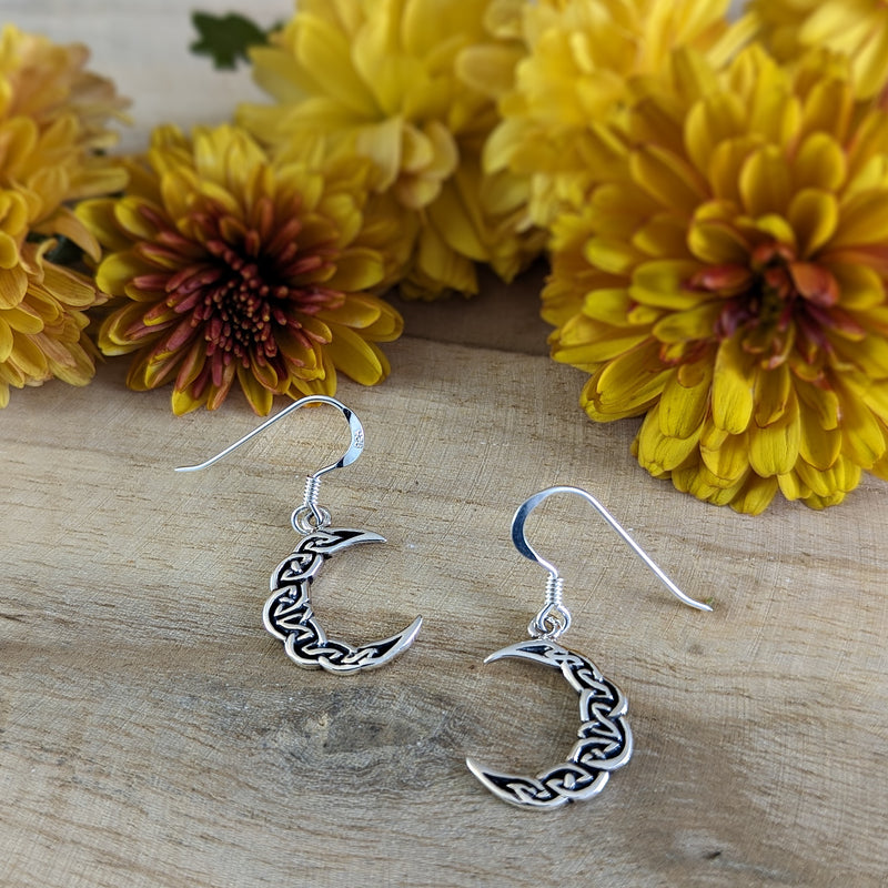 Load image into Gallery viewer, Celtic Knot Crescent Moon Earrings in Sterling Silver
