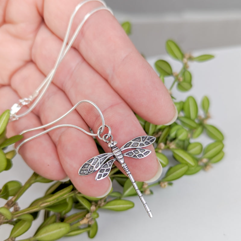 Load image into Gallery viewer, Vintage-look Dragonfly Necklace in Sterling Silver
