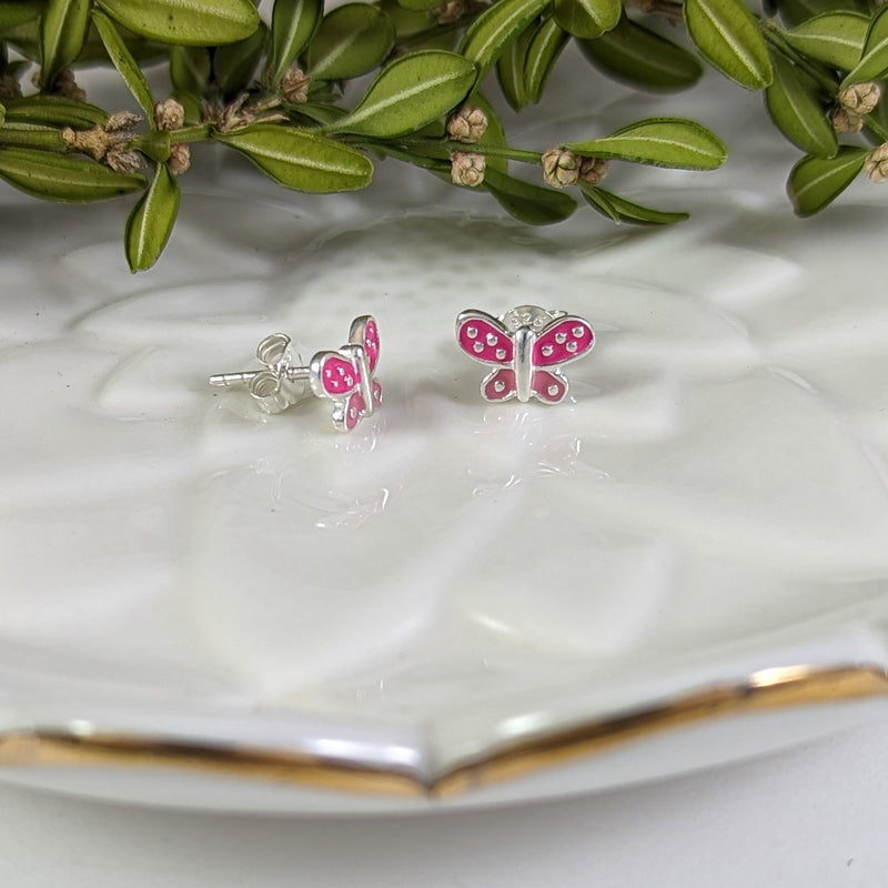 Load image into Gallery viewer, Pink Butterfly Stud Earrings in Sterling Silver
