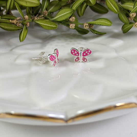 Pink Butterfly Stud Earrings in Sterling Silver