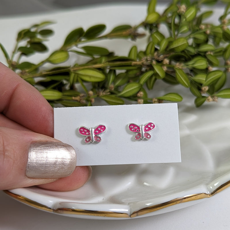 Load image into Gallery viewer, Pink Butterfly Stud Earrings in Sterling Silver
