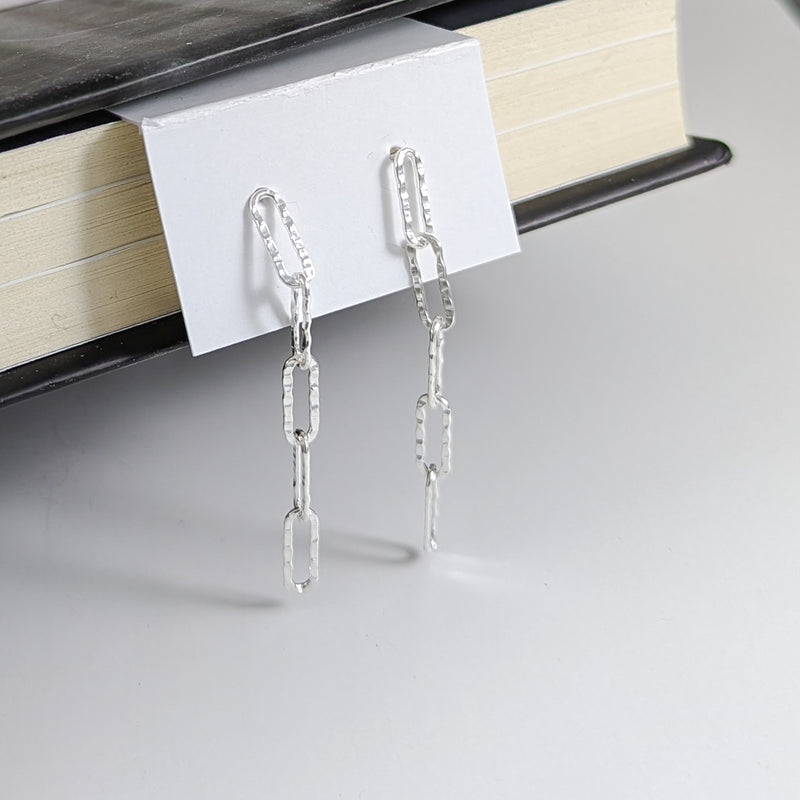 Load image into Gallery viewer, Hammered Paperclip Dangle Stud Earrings in Sterling Silver
