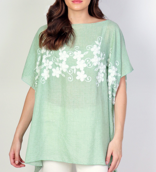 Gemma Top in Mint with Floral Stitching