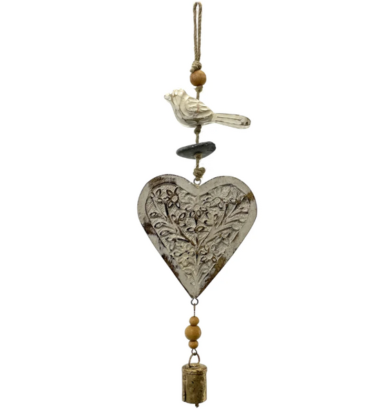 Mango Wood Bell Chime, White Washed Heart & Bird