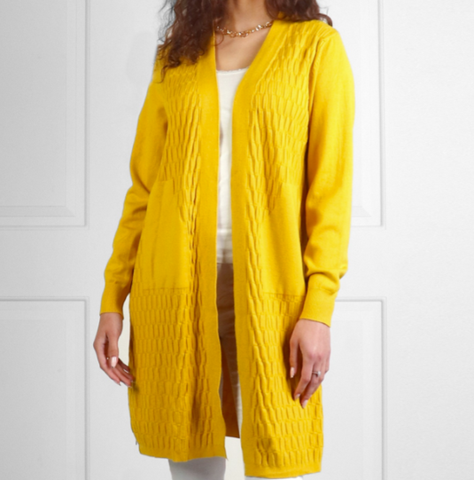 Weave Pattern 3/4 Length Cardigan in Mustard