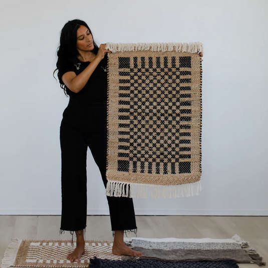 Jute/Cotton Handloom Rug in Black Check