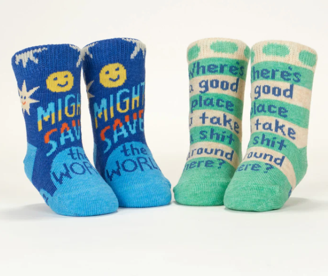 Load image into Gallery viewer, Baby Socks (2 pairs) Might save the World &amp; Where&#39;s a Good Place
