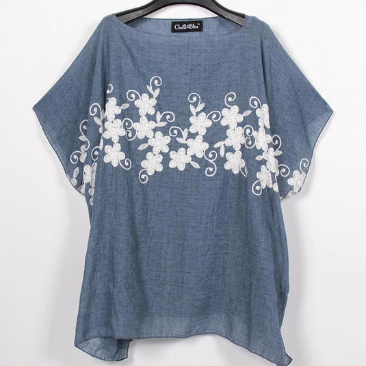 Flowy Summer Top in Denim with Floral Stitching