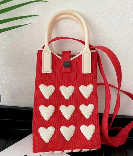 Knitted Mini Purse in Red with Hearts