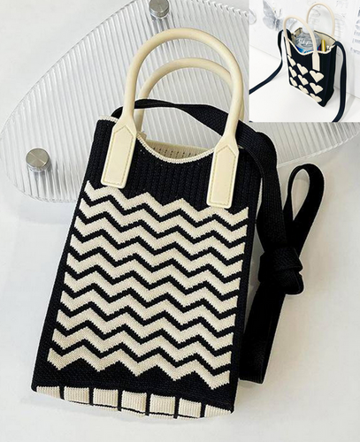 Knitted Mini Purse in Black & White Wave