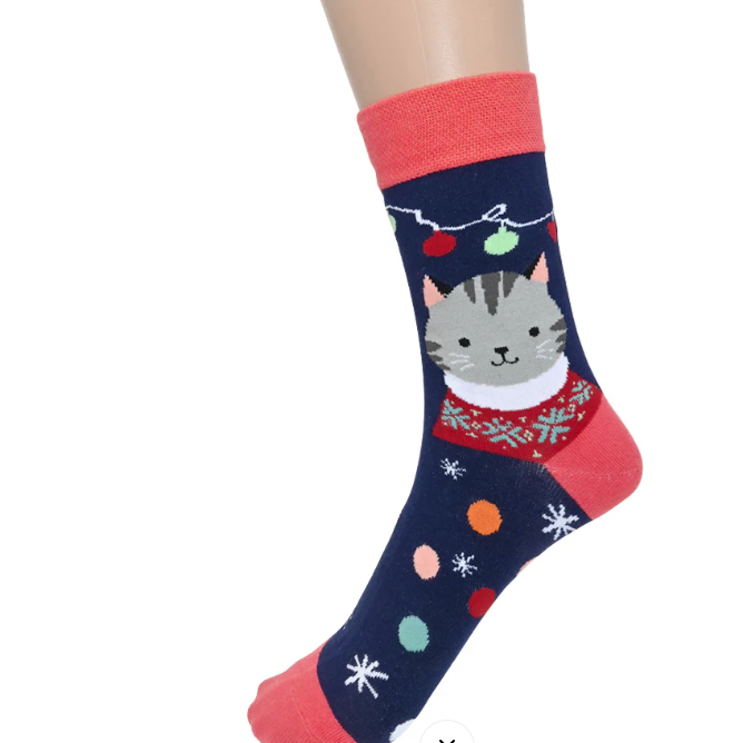Navy sock with a cat design and red accents on a white background
